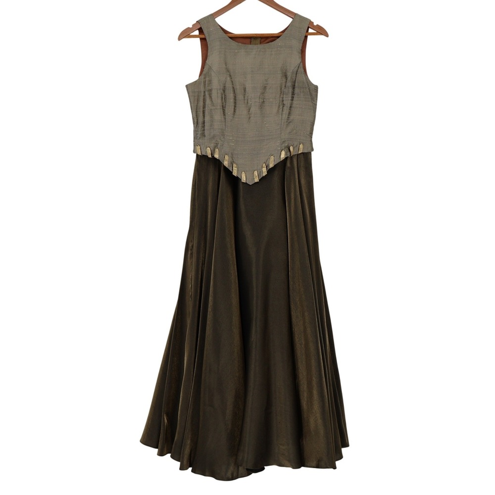 Gloria Vintage Silk Basque Maxi Dress Gown Size S Green Regency Renaissance 90s